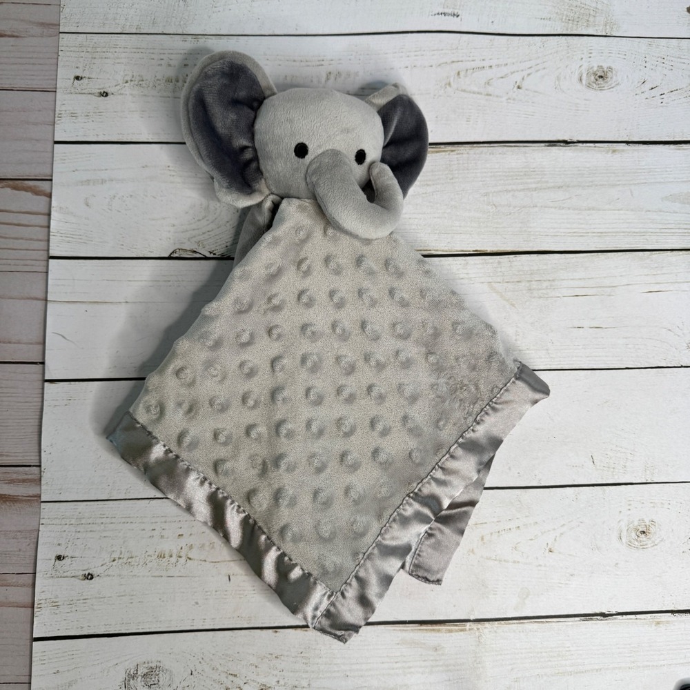 Soft Plush Gray Elephant Baby Security Blanket With Satin Trim